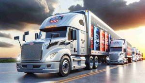 Realistic high definition image of a significant transportation event! A well-known beverage company dispatches its new line of trucks for delivery. The trucks are emblazoned with the company logo and branding, ready to deliver their products across the country.