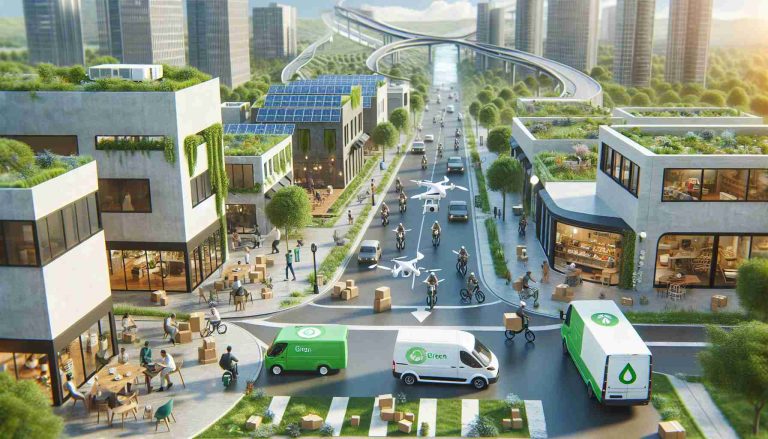 A realistic HD image depicting a scene of last-mile logistics being revolutionized through eco-friendly delivery solutions. Show an urban setting where a variety of green vehicles like electric bikes, drones, and solar-powered vans are being used for delivery. Businesses, residents, and delivery personnel interact in a mutually beneficial ecosystem. The vehicles are marked with a universally recognized symbol for environmentally friendly practices, signifying their green credentials. Foster an ambiance of sustainable and efficient transportation.