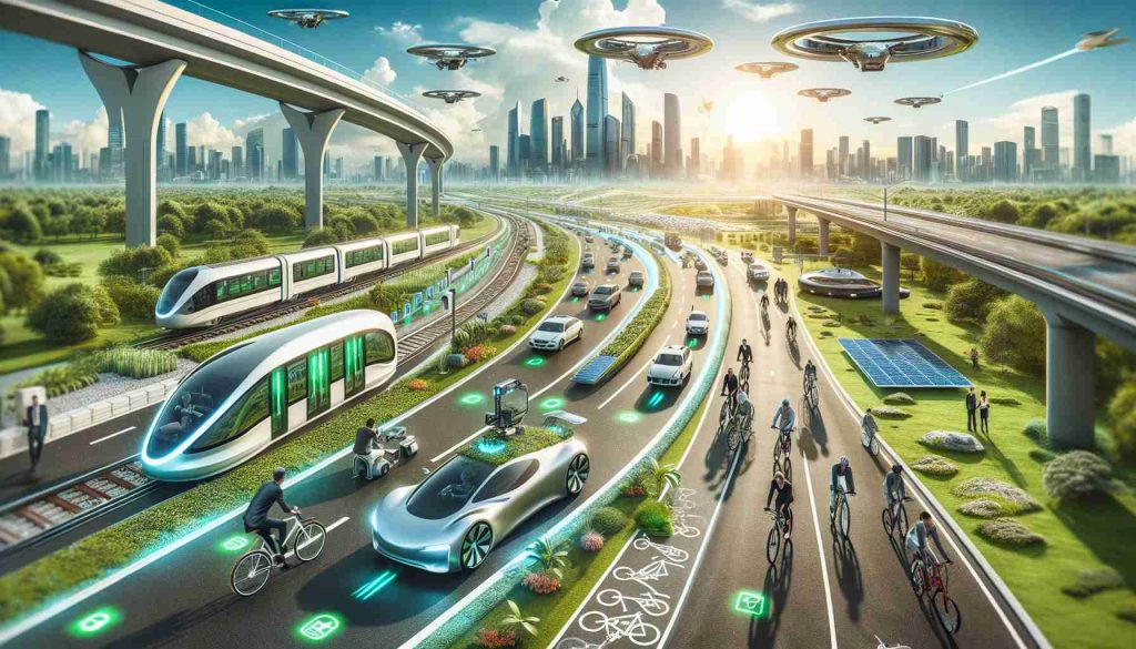 Ultra high-definition image showcasing the future of eco-friendly transportation modes. Envision an illustrative scene with multiple forms of green transport operating in harmony. This includes a sleek, solar-powered car cruising through a road studded with charging stations. On one side, picture a cycle track bustling with cyclists on electric bicycles. Nearby, there's an overpass where a futuristic, high-speed, magnetic-levitation train rides silently. The sky overhead features a variety of drone-like air taxis zooming by. All these transport methods are seamlessly integrated, operating harmoniously, embodying the epitome of a sustainable and green globe. Blend in a backdrop consisting of lush green landscapes and urban skylines powered by renewable energy sources.