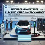 A high-definition, realistic image representing revolutionary grants for electric vehicle charging technology. Picture a formal announcement backdrop with big, bold letters stating 'Revolutionary Grants for Electric Vehicle Charging Technology'. Include a graphic of a futuristic electric vehicle charging station, with a sleek electric car plugged in. On one side of the backdrop, consider placing a large check symbolic of the grant money. Please also depict multi-ethnic individuals in professional attire, who are accepting and giving the grant, signifying a diverse and inclusive setting.