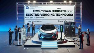 A high-definition, realistic image representing revolutionary grants for electric vehicle charging technology. Picture a formal announcement backdrop with big, bold letters stating 'Revolutionary Grants for Electric Vehicle Charging Technology'. Include a graphic of a futuristic electric vehicle charging station, with a sleek electric car plugged in. On one side of the backdrop, consider placing a large check symbolic of the grant money. Please also depict multi-ethnic individuals in professional attire, who are accepting and giving the grant, signifying a diverse and inclusive setting.