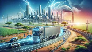 Illustrate a high-definition image of a grand breakthrough in transportation. Specifically, focus on an electric truck that brings about a major shift in the transportation system in Africa. This vehicle should embody advanced technology, incorporating aspects of power and sustainability that reflect the ongoing wave of electric vehicles. As elements of the surrounding, include typical African landscape and infrastructure to give a context.