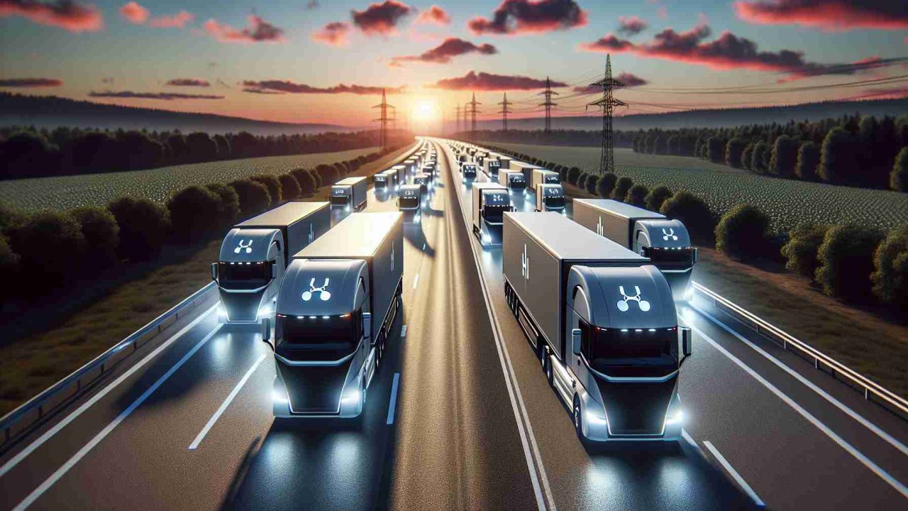 Create a realistic high-definition image that shows a revolution in transportation. Focus primarily on a fleet of hydrogen-powered trucks, breaking away and leading the rest of the traffic on a highway. The trucks are sleek and modern in design, with the depiction of hydrogen symbols on them, symbolizing their power source. Keep the sky in the background with a hue of orange and pink, indicating an early dawn, a metaphor for a new beginning in transportation. The highway winds through a scenic landscape, illustrating a sustainable path towards the future.