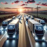 Create a realistic high-definition image that shows a revolution in transportation. Focus primarily on a fleet of hydrogen-powered trucks, breaking away and leading the rest of the traffic on a highway. The trucks are sleek and modern in design, with the depiction of hydrogen symbols on them, symbolizing their power source. Keep the sky in the background with a hue of orange and pink, indicating an early dawn, a metaphor for a new beginning in transportation. The highway winds through a scenic landscape, illustrating a sustainable path towards the future.