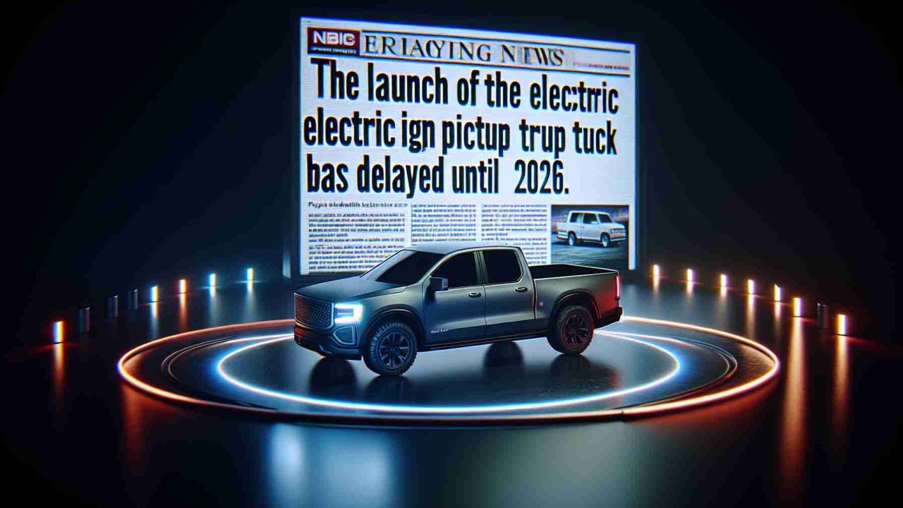 A realistic, high-definition image of a news headline announcing that the launch of a hypothetical electric pickup truck from a non-specific auto manufacturer has been delayed until 2026. There's a palpable sense of anticipation and excitement in the air as a teaser for the forthcoming launch of a Plug-in Hybrid Electric Vehicle (PHEV) is prominently showcased.