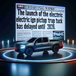 A realistic, high-definition image of a news headline announcing that the launch of a hypothetical electric pickup truck from a non-specific auto manufacturer has been delayed until 2026. There's a palpable sense of anticipation and excitement in the air as a teaser for the forthcoming launch of a Plug-in Hybrid Electric Vehicle (PHEV) is prominently showcased.