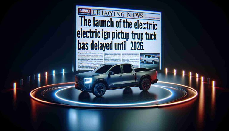 A realistic, high-definition image of a news headline announcing that the launch of a hypothetical electric pickup truck from a non-specific auto manufacturer has been delayed until 2026. There's a palpable sense of anticipation and excitement in the air as a teaser for the forthcoming launch of a Plug-in Hybrid Electric Vehicle (PHEV) is prominently showcased.