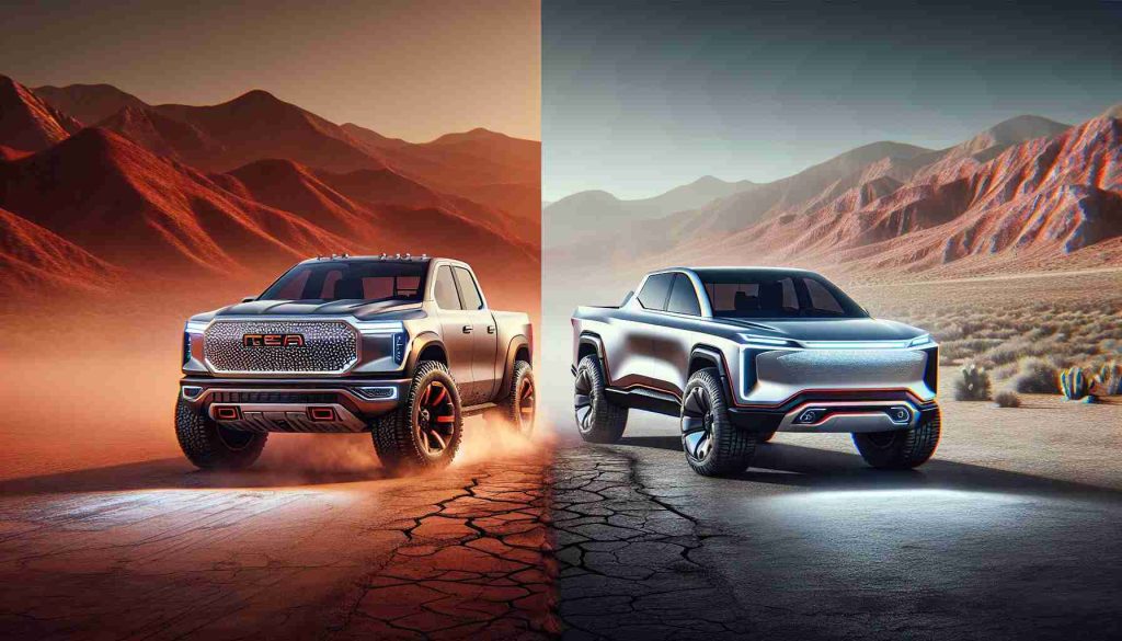 Benchmarking futuristic pickup trucks: A realistic, high-definition render of next-generation pickup trucks envisaged by two different, cutting-edge technology companies. On one side, the modern combustion-based truck from a legacy car manufacturing company known for its stylish designs and off-roading capabilities. On the other side, an electric pickup truck designed by a pioneering tech-driven car manufacturer, known for its innovative designs, autonomous driving technologies, and sustainable energy solutions.