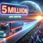 A high-resolution, realistic image depicting the concept of 'The Electric Truck Revolution' reaching 5 million miles. The scene could include an electric truck on a highway trailing a neon glow representing the distance covered, with a vivid digital counter in the corner showing '5 Million Miles and Counting'. The setting sun may be indicating the end of conventional fuel era and the rise of electric vehicles. A crowd of diverse people in the background could be cheering, seen as symbols of the supportive public and successful revolution.