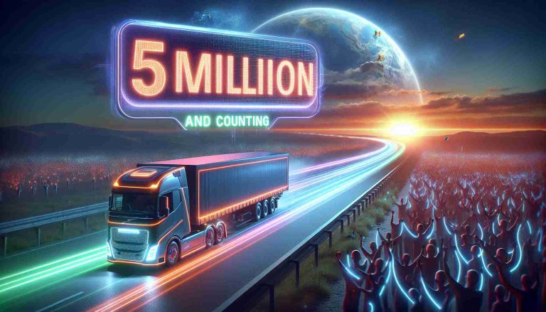 A high-resolution, realistic image depicting the concept of 'The Electric Truck Revolution' reaching 5 million miles. The scene could include an electric truck on a highway trailing a neon glow representing the distance covered, with a vivid digital counter in the corner showing '5 Million Miles and Counting'. The setting sun may be indicating the end of conventional fuel era and the rise of electric vehicles. A crowd of diverse people in the background could be cheering, seen as symbols of the supportive public and successful revolution.