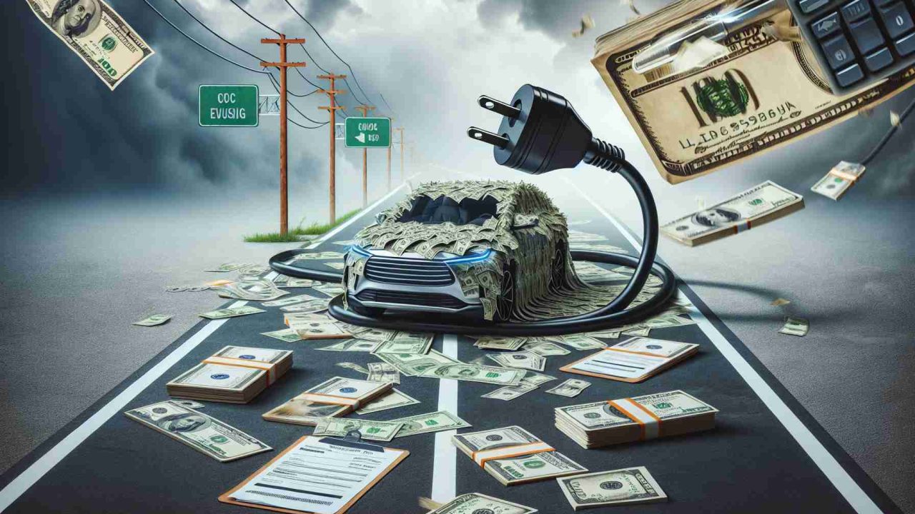 Generate a high-definition, realistic image that represents the concept of new fees impacting owners of electric and hybrid vehicles. Include a symbolic visual metaphor, such as a charging plug entangled in dollar bills, or an electric car and a hybrid car driving on a road made of receipts and invoices, to depict the financial burden. Incorporate elements that reflect the serious implications of such changes, such as a bleak weather setting or concerned facial expressions on the car owners.