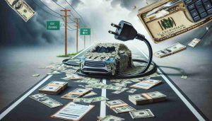 Generate a high-definition, realistic image that represents the concept of new fees impacting owners of electric and hybrid vehicles. Include a symbolic visual metaphor, such as a charging plug entangled in dollar bills, or an electric car and a hybrid car driving on a road made of receipts and invoices, to depict the financial burden. Incorporate elements that reflect the serious implications of such changes, such as a bleak weather setting or concerned facial expressions on the car owners.