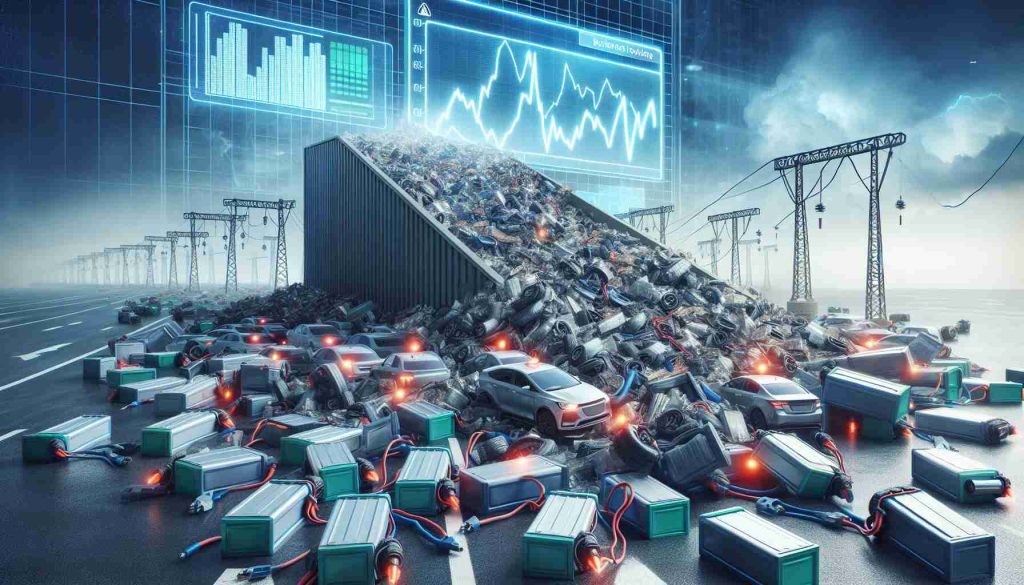 A high-definition photo realistically portraying a major obstacle opposed to electric vehicles. The scene could depict halted production lines, piles of unprocessed lithium-ion batteries, or a digital interface showcasing descending stocks tied to electric vehicles. The overall tone should radiate uncertainty about the future of electric vehicles.