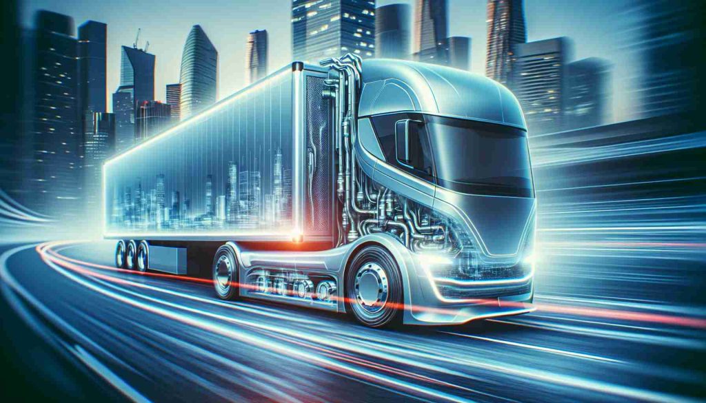 Picture an image of the future of transportation, specifically electric trucks. These trucks demonstrate the revolutionary twists in vehicular technology. Paying careful attention to detail in this high-definition depiction, the electric trucks have a sleek, futuristic design with crisp lines and a polished finish, recalling ideas of efficiency and environmental sustainability. The image captures the dynamic shift in automobile industry, conveying both motion and innovation with the cityscape in the background.