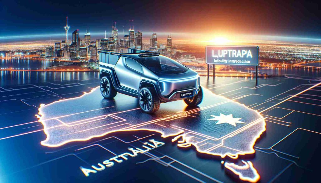 Generate a high-definition image illustrating the potential introduction of a utility vehicle by Leapmotor in Australia. The scene can show a map of Australia with a highlight on the horizon line, indicating an exciting new adventure. Include detailed depictions of Leapmotor's branding and a concept design for a futuristic electric utility vehicle.