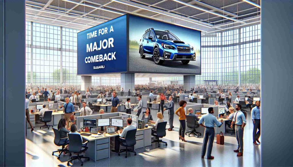 A high-definition visualization of Subaru's corporate environment, indicating a period of significant revival. Picture a lively scene at their headquarters, filled with dedicated employees - a mix of Caucasian, South Asian, Black, Hispanic, and Middle Eastern of varying genders. Teams are engaging in enthusiastic conversation, ideas are exchanged, and productivity is at an all-time high. Visible on a nearby wall is a large motivational poster highlighting 'Time for a Major Comeback', displaying a sleek new Subaru model.