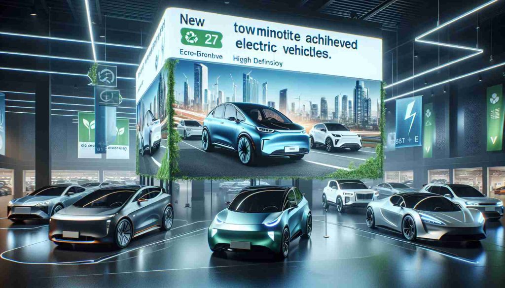 A high-definition image showcasing a triumph for electric vehicles. It includes a selection of the latest electric cars from multiple manufacturers in a showroom, with eco-friendly banners and signs indicating their benefits and advancements. Their sleek designs and modern features are captured in vivid details, whilst an enlarged billboard announces a new milestone achieved by the electric mobility industry.