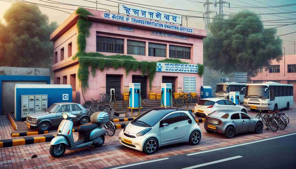 Realistic and detailed HD photo of a transportation office in Chandigarh, showing decreased vehicular registration activity. The scene hints at a shift towards electric alternatives, with charging stations and electric cars gaining prominence.