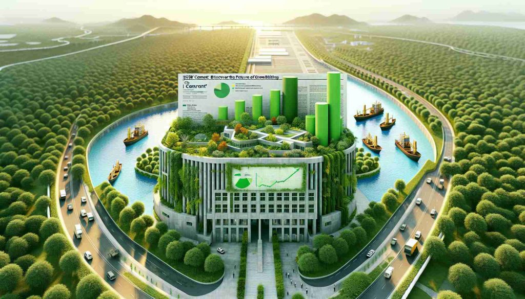 Generate a realistic, high-definition image that visualizes the text 'JSW Cement IPO: A Game-Changer? Discover the Future of Green Building'. This image could include a building constructed with green materials, surrounded by thriving nature, and having an infographic illustrating the increase in eco-friendly construction materials prominently displayed. There could be a newspaper veneer in the background implying the public offering of JSW Cement. Note that this does not require featuring any identifiable figures, logos or brands to maintain copyright protection and privacy policies.