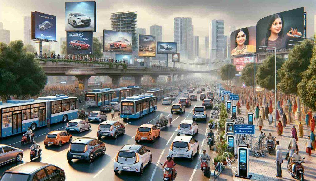 A realistic, high-definition image depicting the future of India's electric vehicle revolution. Picture a bustling urban landscape in 2030, where 30% of vehicle sales are electrical. The roads are filled with diverse models of electric cars, buses, and motorbikes. Charging stations are found on every street corner, each bustling with activity. Billboards in the background advertise the latest electric vehicles, and the people of India, of varying genders and descents, go about their day, giving a sense of readiness and acceptance of this new era of mobility.