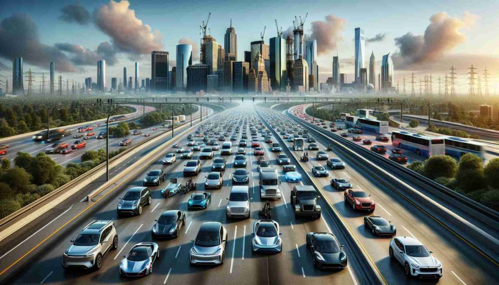 A hyper-realistic high-definition visualization representing the dominance of electric vehicles on the roads. The scene features a vast highway bustling with assorted electric cars of different shapes, sizes, and colors, signifying the diversity in the designs and models of these eco-friendly vehicles. Traditional gasoline-powered cars are portrayed as obsolete and being phased out, representing a significant shift in the automobile industry. Spectacular city skyline in the backdrop embodies the technological advancement enhancing this transformation.