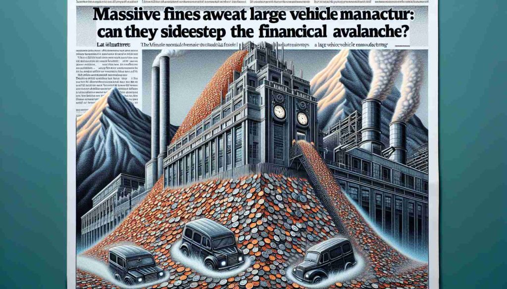 An intricately detailed high-definition image of a newspaper headline reading 'Massive Fines Await Large Vehicle Manufacturer: Can They Sidestep the Financial Avalanche?' Under this, a photo-illustrated montage is seen that shows a symbolic avalanche of coins tumbling down a mountain towards a stylized factory building with smokestacks - symbolizing a large vehicle manufacturing company. The avalanche is on the perilous brink of sweeping away the industrial site, creating a sense of intense urgency and financial danger.