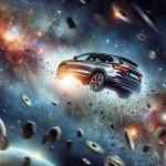 Create a highly detailed and realistic image of a car floating in outer space. The backdrop should comprise of distant stars, galaxies, and other celestial bodies. The atmosphere surrounding this uncommon sight has astrophysicists intrigued and puzzled. Additionally, there's an underlying concern about the increasing amount of unidentifiable space debris that can possibly lead to unintended consequences.