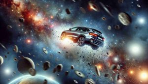 Create a highly detailed and realistic image of a car floating in outer space. The backdrop should comprise of distant stars, galaxies, and other celestial bodies. The atmosphere surrounding this uncommon sight has astrophysicists intrigued and puzzled. Additionally, there's an underlying concern about the increasing amount of unidentifiable space debris that can possibly lead to unintended consequences.