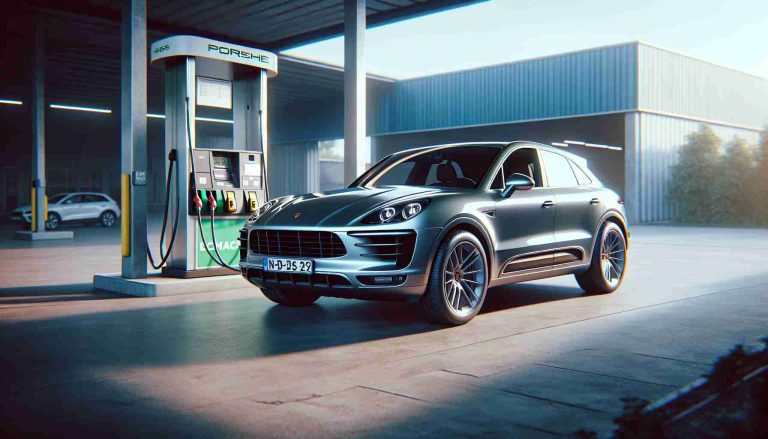 Create a high resolution, realistic image of a luxury compact SUV, reminiscent of the Porsche Macan design, with a gas pump in the background. The car is reversing towards the gas pump indicating it's shifting back to petrol fueling. It's parked in an open, well-lit area showcasing its design and features. Do not include any corporate logos or brand identifiers.