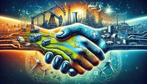 A vivid, high-definition illustration depicting a symbolic representation of energy partnership between two unspecified countries. Show one country endowed with vast oil reserves, represented by oil wells and machinery, while the other country is shown relying on cutting-edge technology, represented by modern wind turbines, solar panels, and factories, to harness energy. The bridging element is a pair of hands joined in a firm handshake, signifying international cooperation and future redefinition.