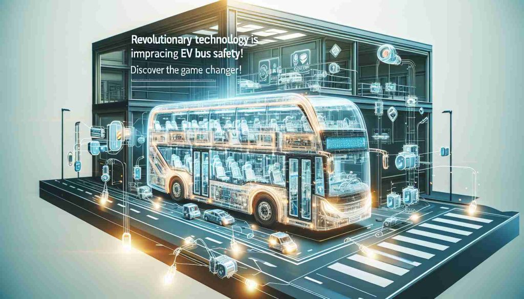 Imagine an artistic rendering showcasing the advancement of revolutionary technology in enhancing the safety measures in Electric Vehicle (EV) buses! In this picture, focus on the structural design of an EV Bus brimming with ultra-modern safety features. Highlight some key aspects such as anti-collision systems, advanced braking mechanisms, and smart navigation panels. Also, include a banner overhead with the words 'Revolutionary Technology is Improving EV Bus Safety! Discover the Game Changer'.