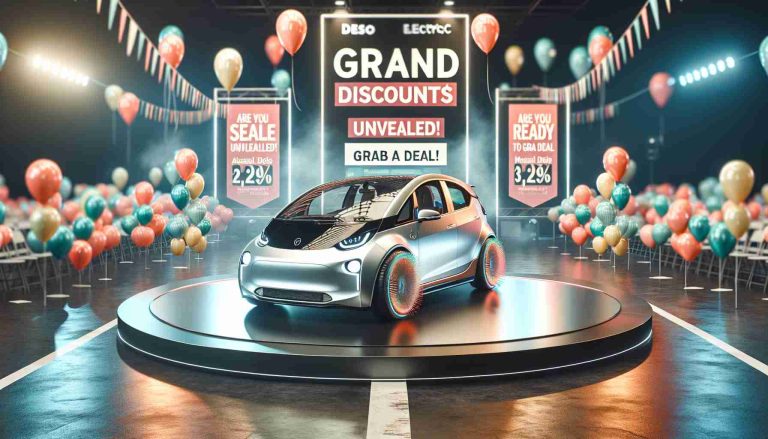 An image of a grand sale event for electric cars, with massive discounts showcased. The setting is lively with banners and balloons, showing phrases such as 'Massive Discounts Unveiled!' and 'Are You Ready to Grab a Deal?'. The focus of the image is a shiny, eco-friendly electric car with a sleek design. This photo seeks an HD and realistic style.