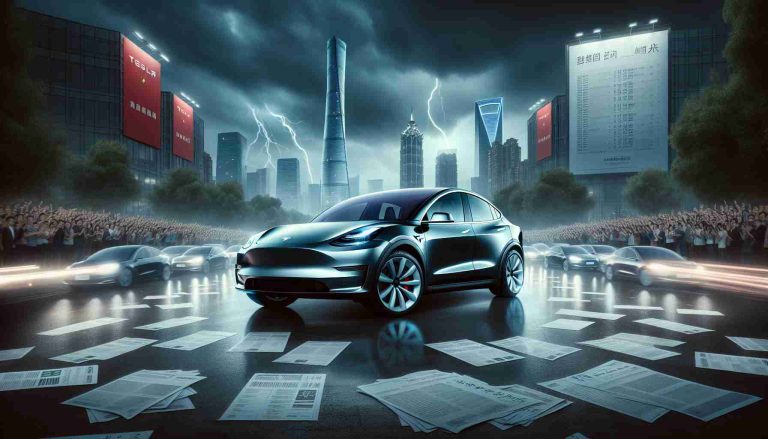 High-definition, realistic image of a Tesla Model Y against the backdrop of a stormy sky in an urban Chinese setting. The electric vehicle is sleek and sophisticated, reflecting the recent surge in orders and popularity of this model in China. There are visual indicators of its overwhelming demand, such as a growing line of excited customers at a Tesla dealership, order forms fluttering in the wind, or a billboard displaying skyrocketing sales figures.