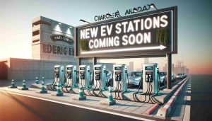 Generate a realistic, high-definition image of an incoming addition to the urban infrastructure - specifically, new electric vehicle (EV) charging stations. The image should focus on the EV station with multiple chargers, indicating modernity and advancement in green transportation. Overlayed on this, there should be a large, eye-catching sign communicating the future arrival of these stations, with words like 'Charge Ahead!' 'New EV Stations Coming Soon' printed boldly. The scene should convey anticipation and the progress towards a more sustainable future.