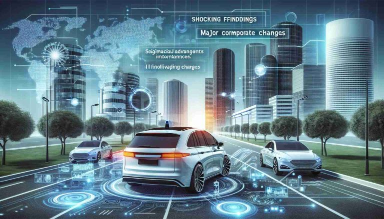 High-definition image displaying some significant advancements in self-driving technology. Imagine autonomous vehicles on the road, equipped with advanced sensors and AI capabilities. Also, visualize a backdrop of corporate buildings implying major changes occurring in the industry, along with texts highlighting 'shocking findings' and 'major corporate changes'.