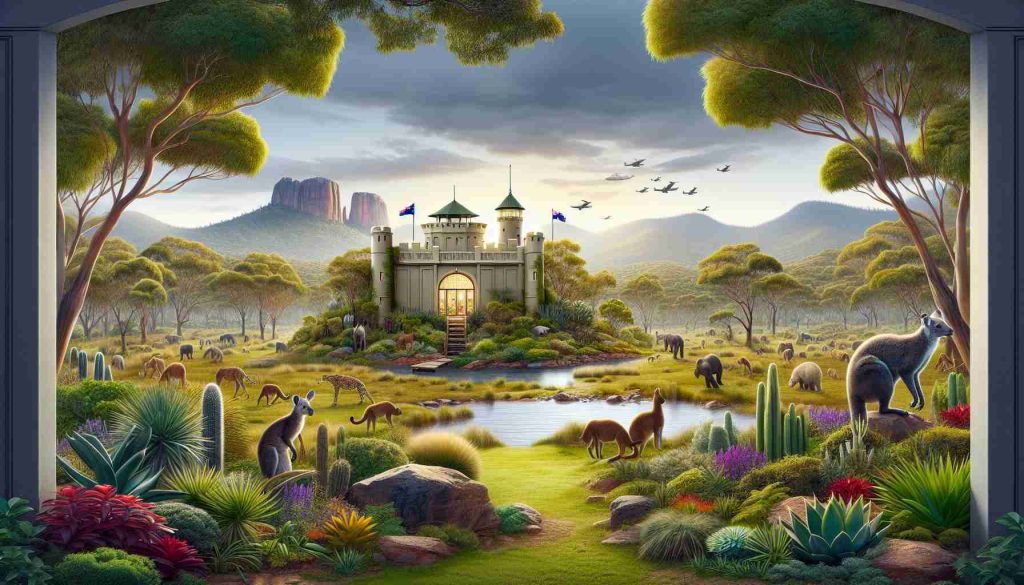 Realistic HD image of a retreat in Australia awaiting a bold opportunity, filled with diverse wildlife, lush landscapes, and iconic structures. The scenery should portray a sense of anticipation and optimism. The location may have walls or towers symbolizing protective measures, hinting at a retreat for a notable or influential person.