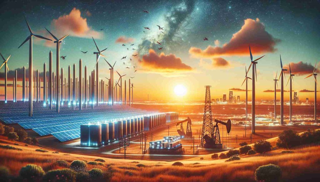 Produce a high-definition image depicting a significant transformation in energy production in Oklahoma with the introduction of an innovative battery storage project. The scene should show a landscape of plains with wind turbines and traditional oil derricks, all under a sky representing the change - perhaps a sunrise signifying a new era. There should be a huge, futuristic-looking battery storage facility, with plentiful solar panels, indicating the shift towards renewable energy sources. In the distance you can see the urban outlines, showcasing the benefit this project will bring to local communities.