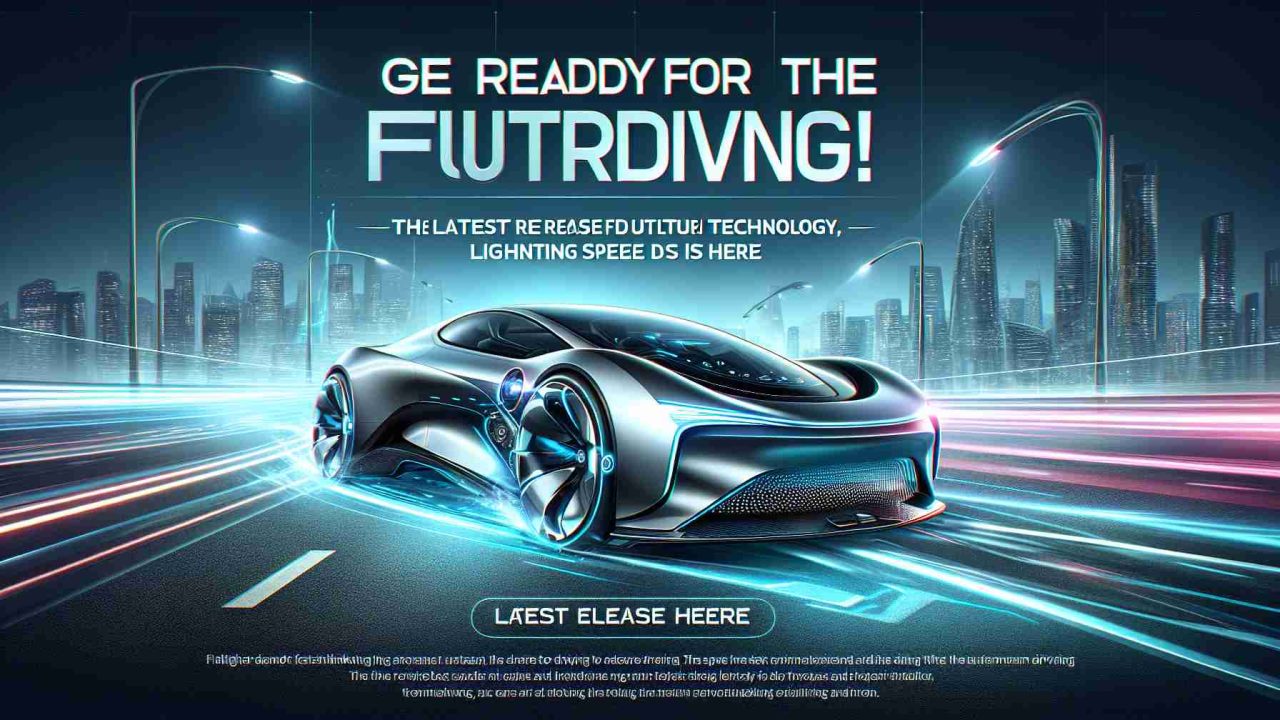 High-definition realistic illustration of a banner exclaiming, 'Get ready for the future of driving! The latest release is here' with a sleek, modern, futuristic car set against a thrilling backdrop, showcasing advanced technology, lightning speed, and innovation. Include state-of-art features and indication of forward-thinking technology in the car. The backdrop can be a futuristic city landscape or a thrilling highway scene.