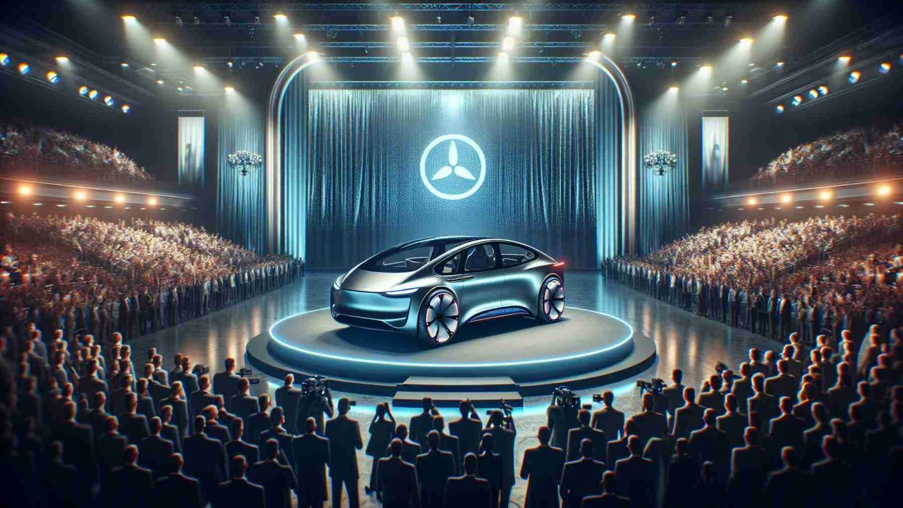 Generate a realistic, high-definition image that depicts a revolutionary electric vehicle being unveiled. The EV should be sleek, modern, and futuristic in design, embodying the future of driving. Expect to see cutting-edge features that reveal a new era in automotive technology. The setting can be a grand stage or an exhibition hall filled with anticipatory crowds and media.