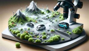 An ultra high-definition, realistic image of miniature models of electric vehicles under a microscope. The tiny electric cars represent advancements in eco-friendly transportation as they navigate around microscopic terrains, displaying vivid details of their design and technology. Alongside them is a broad, metaphorical representation of complications or challenges, visualized as a foggy path or rocky terrain. This imagery is intended to represent the impact of significant challenges on the future of green mobility.