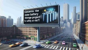 Create a realistic high-definition image that depicts a billboard showcasing the headlines 'Concerns Rise Over New Battery Storage Project! Is Safety at Risk?'. Set this in an urban environment, with a bustling cityscape in the background.