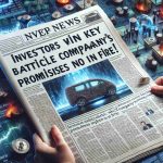 A highly detailed and realistic image of a newspaper headline showcasing a triumphant event in the financial world. The headline reads, 'Investors Win Key Battle! Innovative Electric Vehicle Company's Promises Under Fire!' The backdrop depicts an array of finance related imagery such as stocks graphs, currency symbols and business related items.