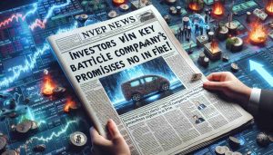 A highly detailed and realistic image of a newspaper headline showcasing a triumphant event in the financial world. The headline reads, 'Investors Win Key Battle! Innovative Electric Vehicle Company's Promises Under Fire!' The backdrop depicts an array of finance related imagery such as stocks graphs, currency symbols and business related items.