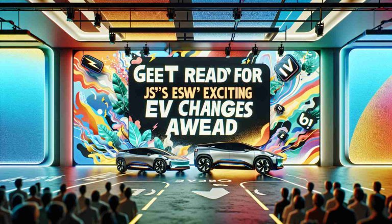 A high-resolution, realistic image of a banner with the words 'Get Ready for JSW’s Exciting EV Reveal! Major Changes Ahead'. The atmosphere is lively and anticipatory, filled with bright colors and vibrant designs referencing electric vehicles and the future of transport. The banner is displayed prominently, with a mix of modern and bold typography that emphasizes the exciting reveal and major changes ahead.