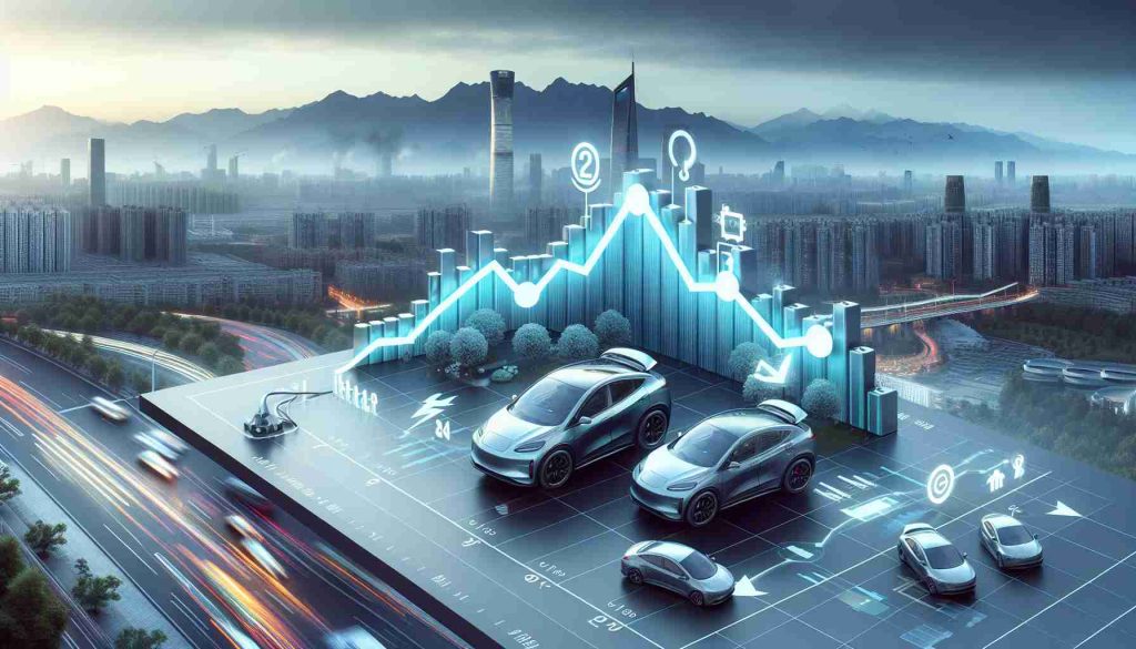 A high-definition, realistic illustration of a dramatic drop in electric vehicle (EV) sales as depicted on an infographic. Use a line graph with the y-axis representing sales numbers, and the x-axis signifying time. The graph shows a significant decline in the sales of EVs recently. In the background, represent typical Chinese landscapes or cityscapes to signify the location. Include symbols of electric cars to visually connect with the topic of EV sales.