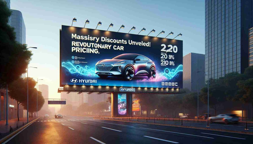 A highly detailed, realistic photograph of a massive billboard announcing reductions in pricing. The billboard displays text that reads 'Massive Discounts Unveiled! Revolutionary Electric Car Pricing.' The backdrop is a vibrant, morning cityscape. Installations such as Hyundai logo and creative visuals of sleek, modern electric cars are seen for context. The scene reflects a high-definition quality, capturing the intent and detail of the announcement vividly.