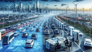 High definition, realistic image representing the future of electric vehicles in 2025. The image portrays an abundant display of electric vehicles on the road, interspersed with charging stations. On the outskirts, technologists and designers could be seen working with blueprints that represent innovative designs for the future. In the sky, the question 'Is the Future of Electric Vehicles in Jeopardy?' can be seen, drawing attention to the uncertainty about the future of this industry.