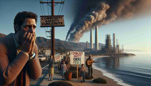 A realistic high-definition image depicting the scene at Morro Bay. Include tension in the air due to community safety concerns about the future of energy in the area. Show elements such as signs of protest, worried faces and perhaps a power plant in the distant background. Made sure the image conveys a sense of uncertainty and distress, reflecting the jeopardy of Morro Bay's energy future.