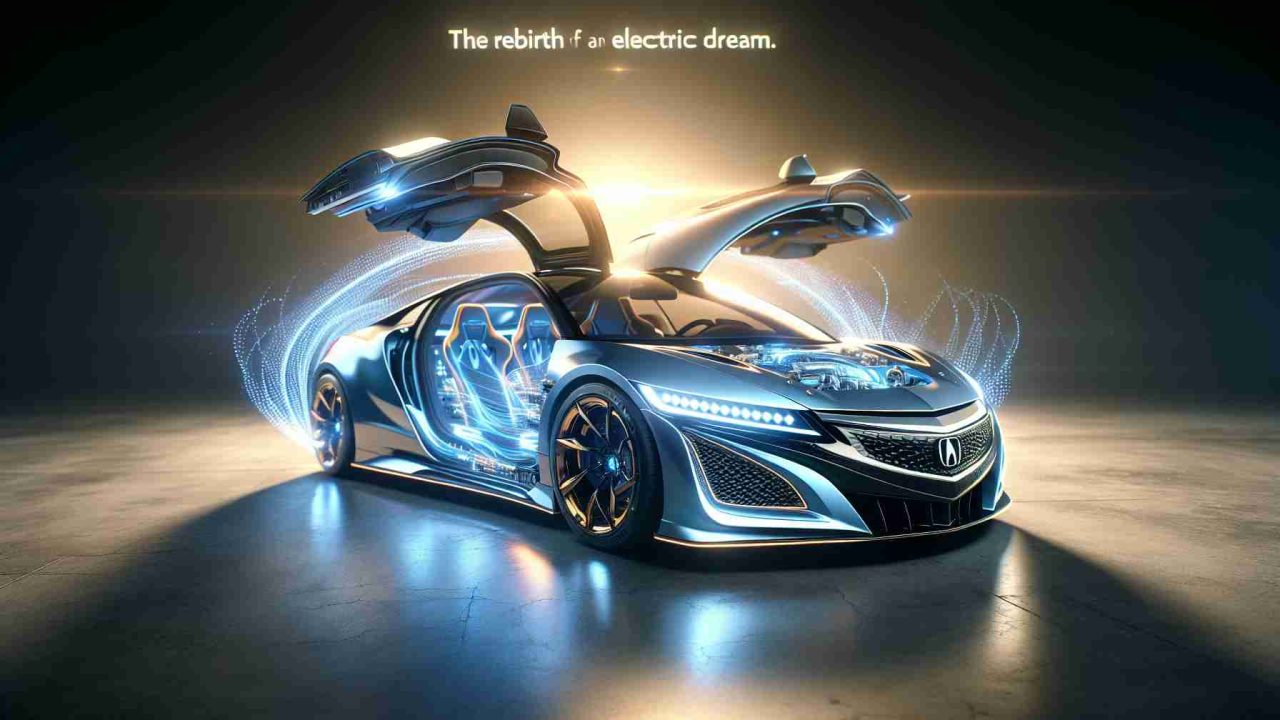 High-definition, realistic representation of a modern, fictional sports car with the aesthetic spirit of the Acura RSX. The image showcases the vehicle in a setting that conveys the rebirth of an electric dream, possibly with futuristic design elements and radiant lighting effects associated with electric power.