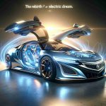 High-definition, realistic representation of a modern, fictional sports car with the aesthetic spirit of the Acura RSX. The image showcases the vehicle in a setting that conveys the rebirth of an electric dream, possibly with futuristic design elements and radiant lighting effects associated with electric power.